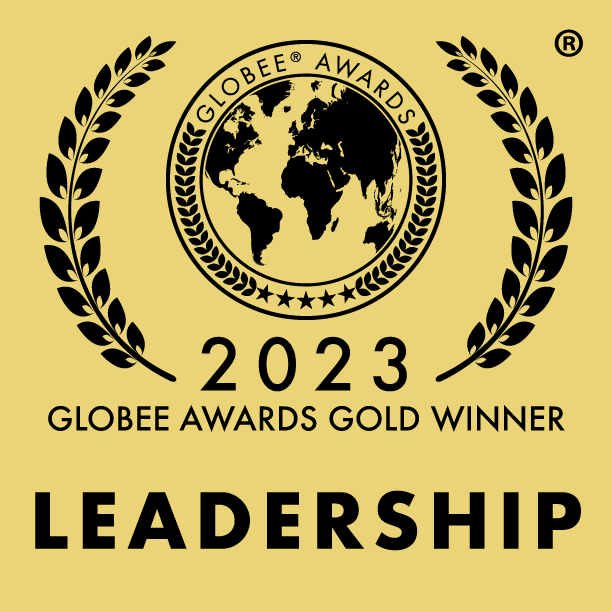 A golden emblem logo for the "2023 GLOBEE AWARDS GOLD WINNER" in leadership, featuring a laurel-wreathed Earth.
