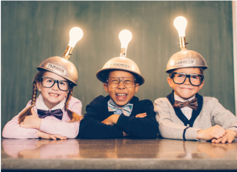 Children with lightbulbs on their heads