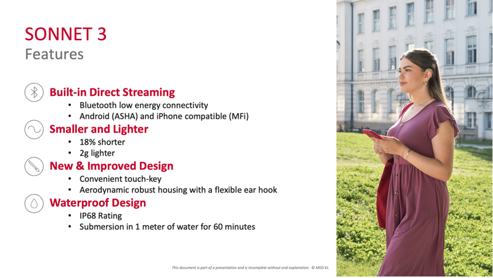 Alt-text: A slide listing four SONNET 3 feature categories with icons: Built-in Direct Streaming (Bluetooth low energy, Android ASHA and iPhone MFi compatible), Smaller and Lighter (18% shorter, 2g lighter), New & Improved Design (convenient touch-key, aerodynamic housing with flexible ear hook), and Waterproof Design (IP68 rating, submersion in 1 meter of water for 60 minutes).