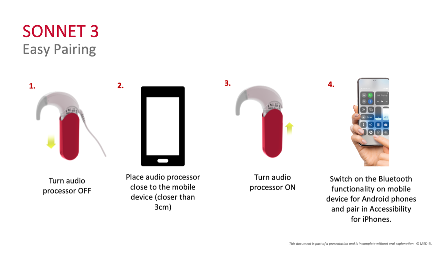 Alt-text: A four-step illustrated sequence: Step 1, turn the audio processor off; Step 2, place the audio processor close to the mobile device (closer than 3 centimeters); Step 3, turn the audio processor on; Step 4, switch on Bluetooth on the mobile device and pair through Accessibility settings for iPhones.