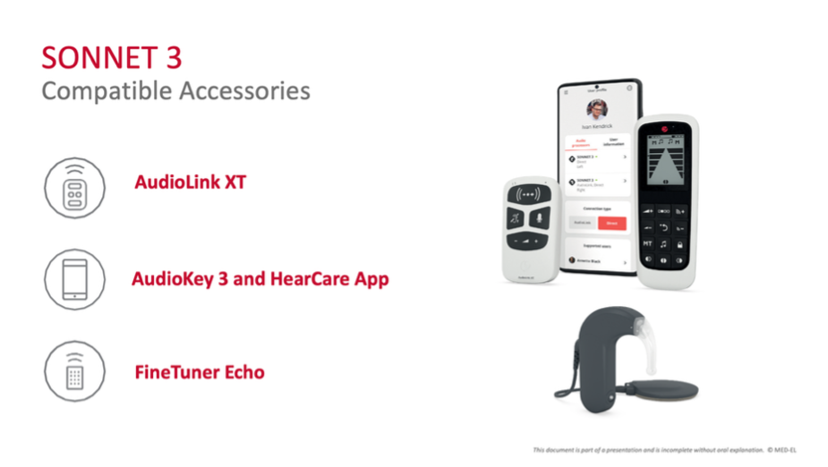 Alt-text: A slide listing three compatible SONNET 3 accessories with icons: AudioLink XT, AudioKey 3 and HearCare App, and FineTuner Echo, alongside product photos of the AudioLink XT remote and a SONNET 3 processor.