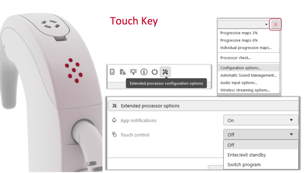 Alt-text: A screenshot of the MAESTRO fitting software's Extended Processor Options menu showing a Touch Control dropdown with three selectable settings: Off, Enter/exit standby, and Switch program.
