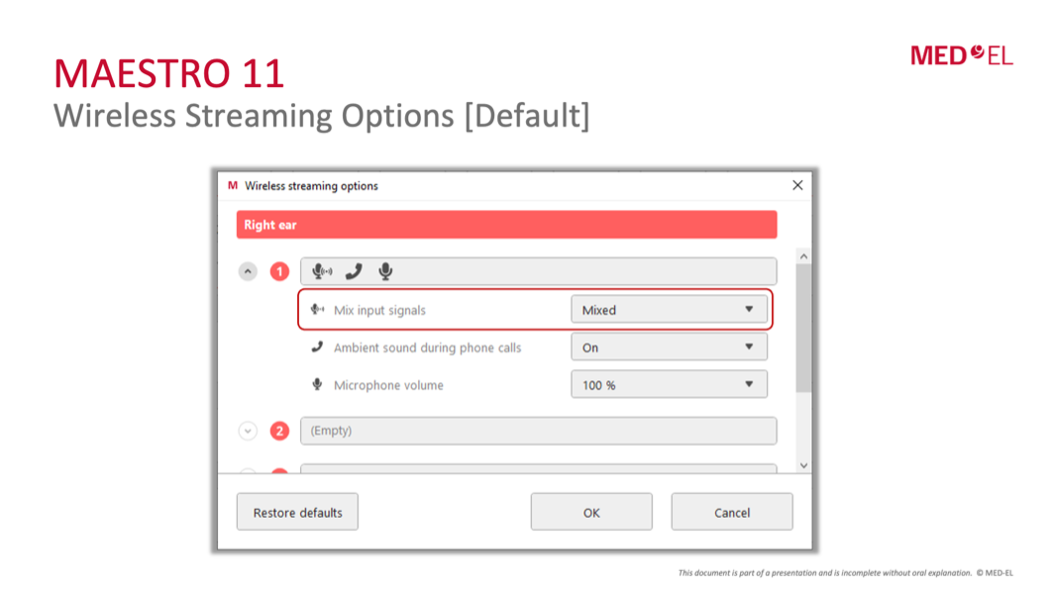 Alt-text: A screenshot of the MAESTRO 11 Wireless Streaming Options dialog for the right ear, with a dropdown for Mix Input Signals set to "Mixed," alongside settings for ambient sound during phone calls and microphone volume.