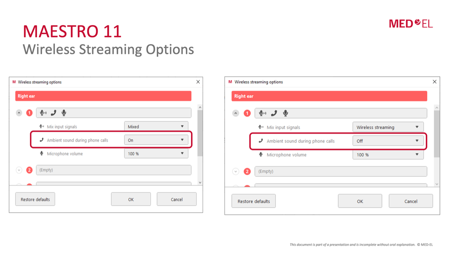 Alt-text: A side-by-side comparison of two MAESTRO 11 Wireless Streaming Options screens for the right ear: one with "Ambient sound during phone calls" set to On, and the other set to Off, both showing microphone volume at 100%.