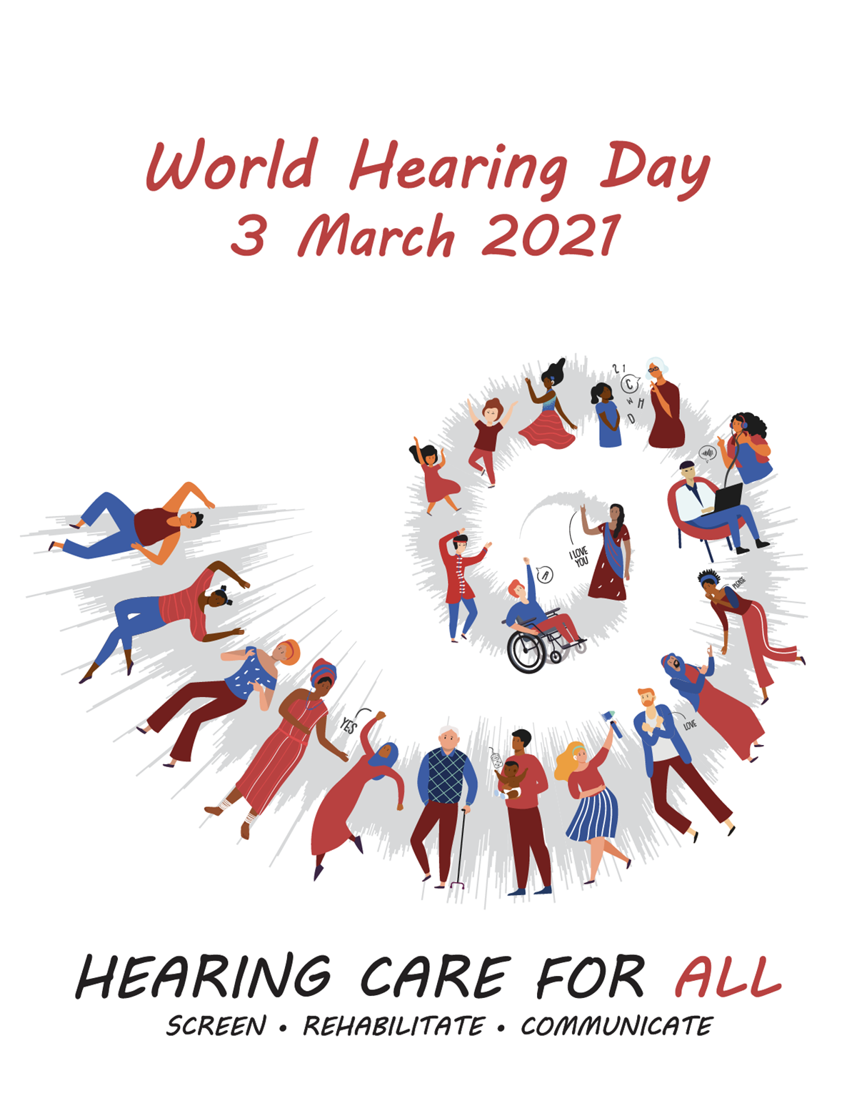 World hearing day promotion showing a diverse circle of people drawn in bright colors