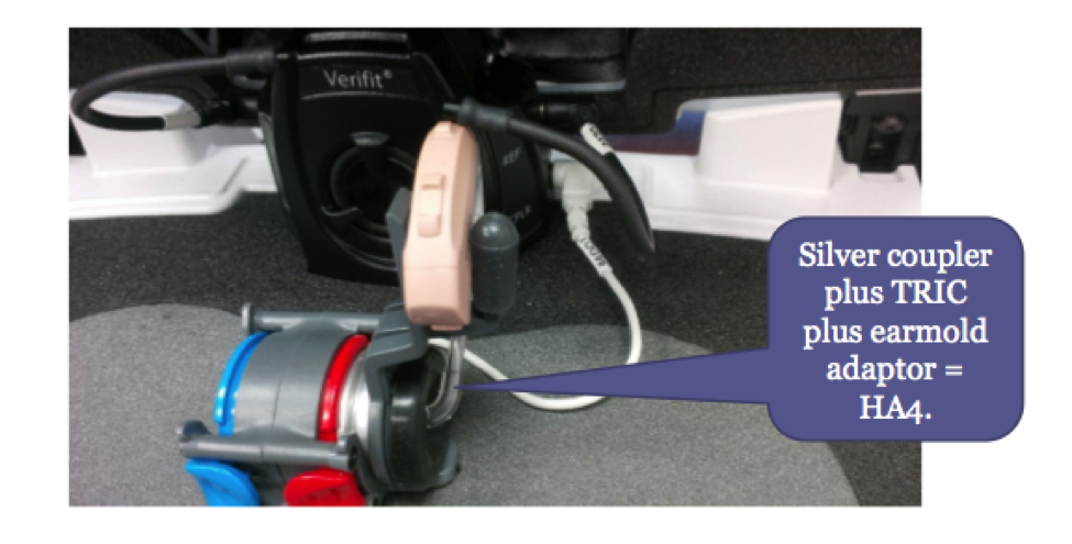 The HA4 coupler in the Verifit 2 consists of the silver 0.4cc coupler, a TRIC adaptor, and a piece of earmold tubing