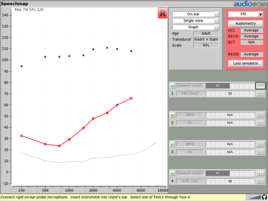 Speechmap screen set up to do on-ear testing using FM instrument