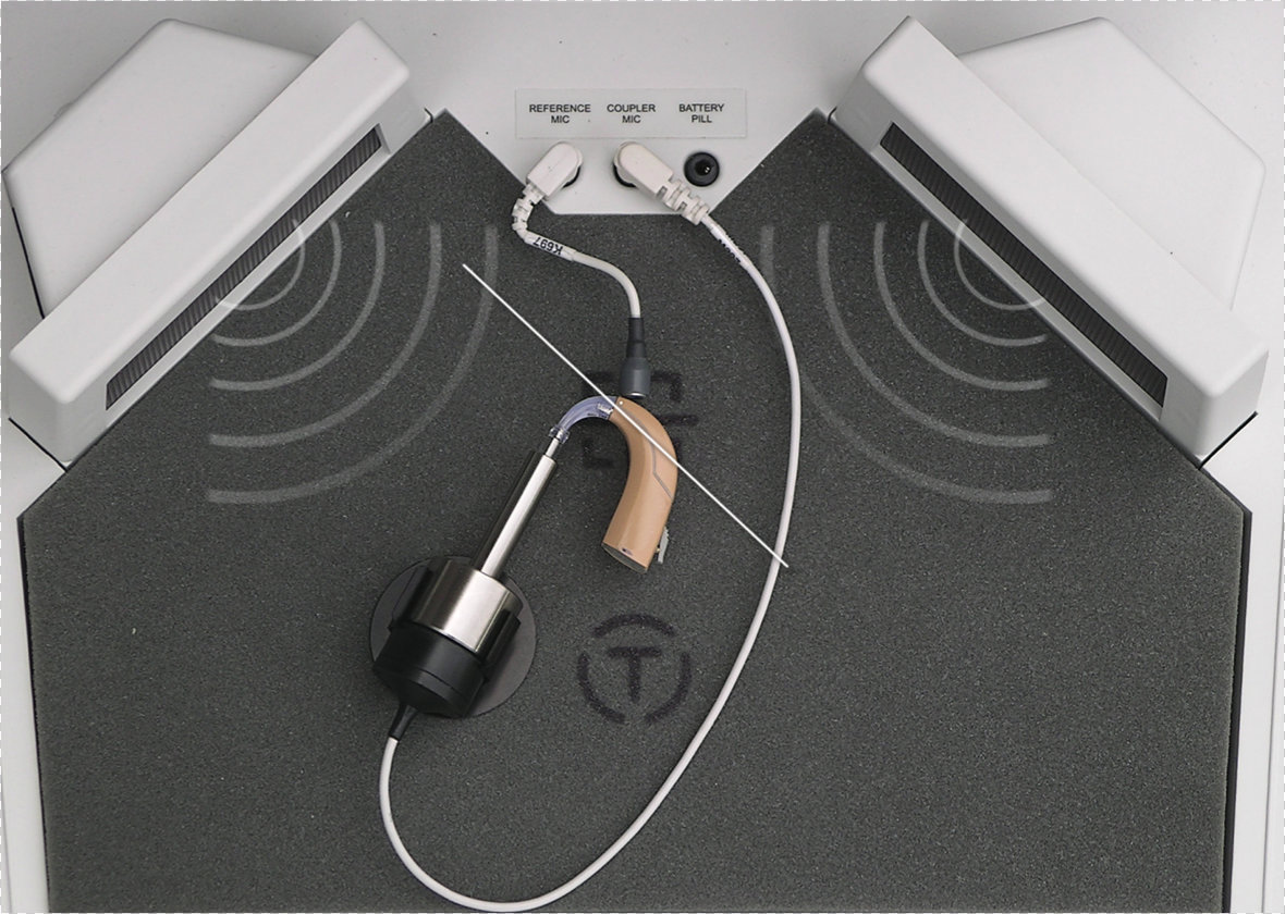 Example of recommended hearing instrument positioning for BTE hearing instruments in the Verifit test box for directional testing