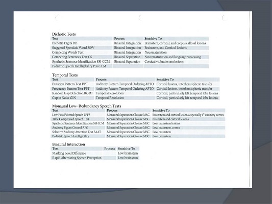 Auditory processing tests broken down categorically