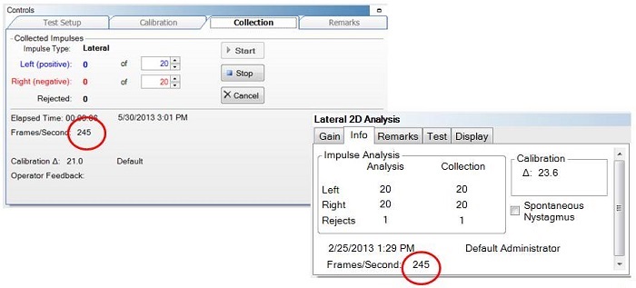 Screen shots from the ICS Impulse software showing recording frame rates