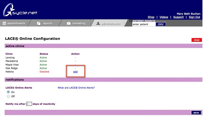 LACE Online configuration screen, showing active and inactive LACE clinics