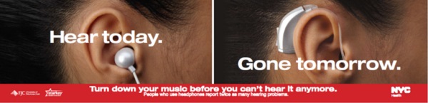 Ad warning about loud music for hearing loss