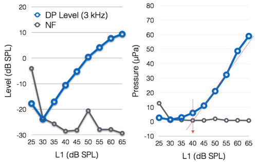 DPOAE input output function in dB SPL and &micro;Pa used to predict a DPOAE threshold