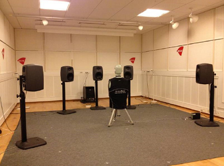 The setup in DELTA&rsquo;s EBU 3276 standardized listening room for the hearing aid recordings