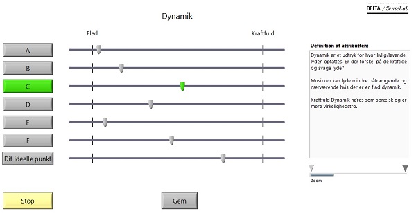 Software screen developed by Delta SenseLab showing the attributes to be rated on the top
