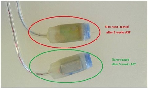 Nano coated receivers compared to non-nano-coated receivers after 5 weeks