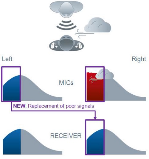 eWindScreen binaural works by streaming the noise affected frequency channel from the side with less wind to the side with stronger wind