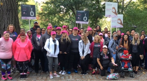 Oticon employees carrying &ldquo;Hear in Pink&rdquo; banners make every step count at the Making Strides Against Breast Cancer walk in NYC Central Park