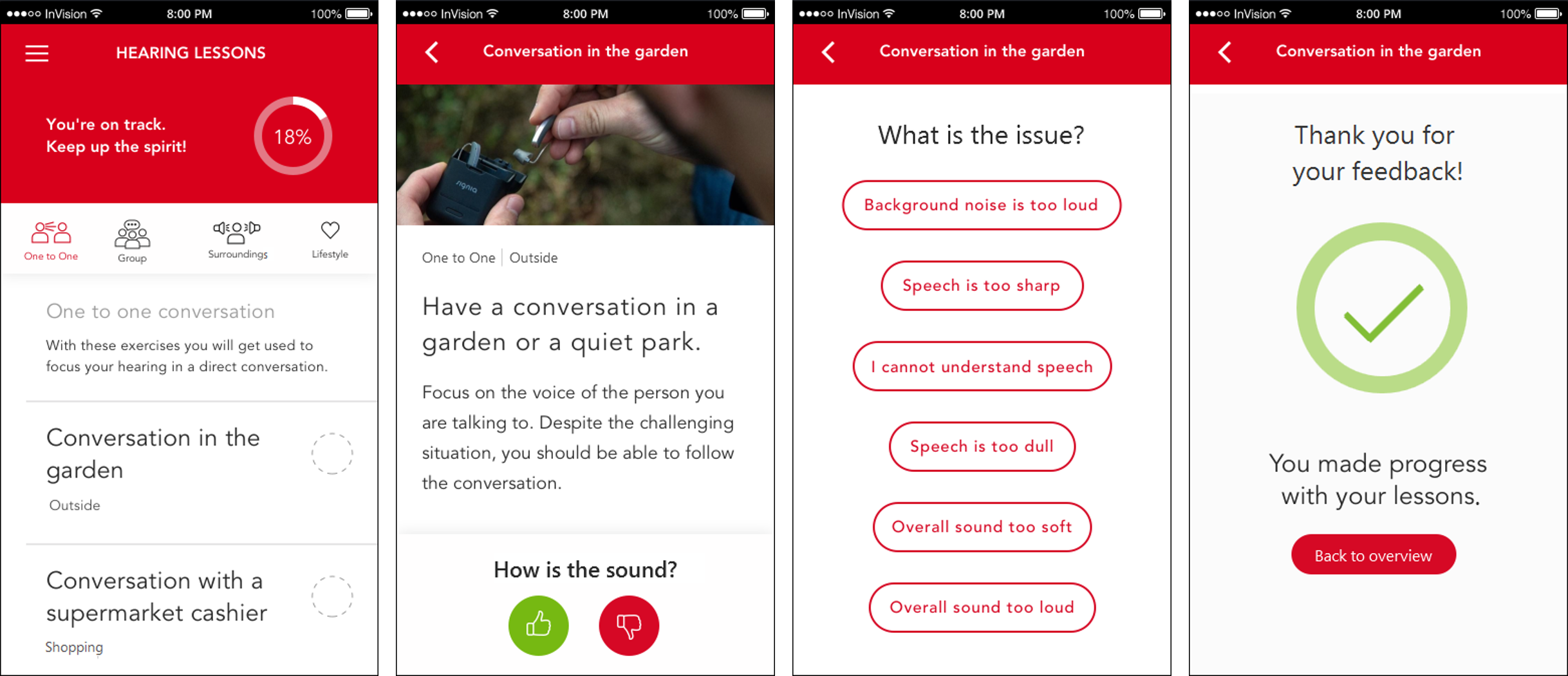App user interface of the Hearing Lessons feature in Signia TeleCare