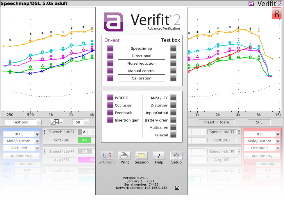 Verifit main menu from the Speechmap screen