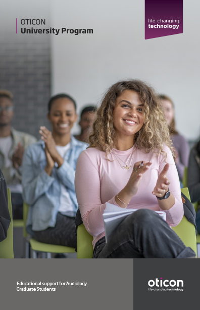 Oticon University program brochure cover with a female student sitting in a chair