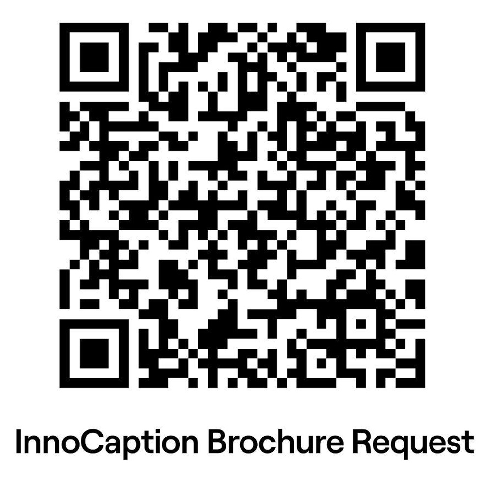 A black and white QR code centered on a white background with the text "InnoCaption Brochure Request" below it.