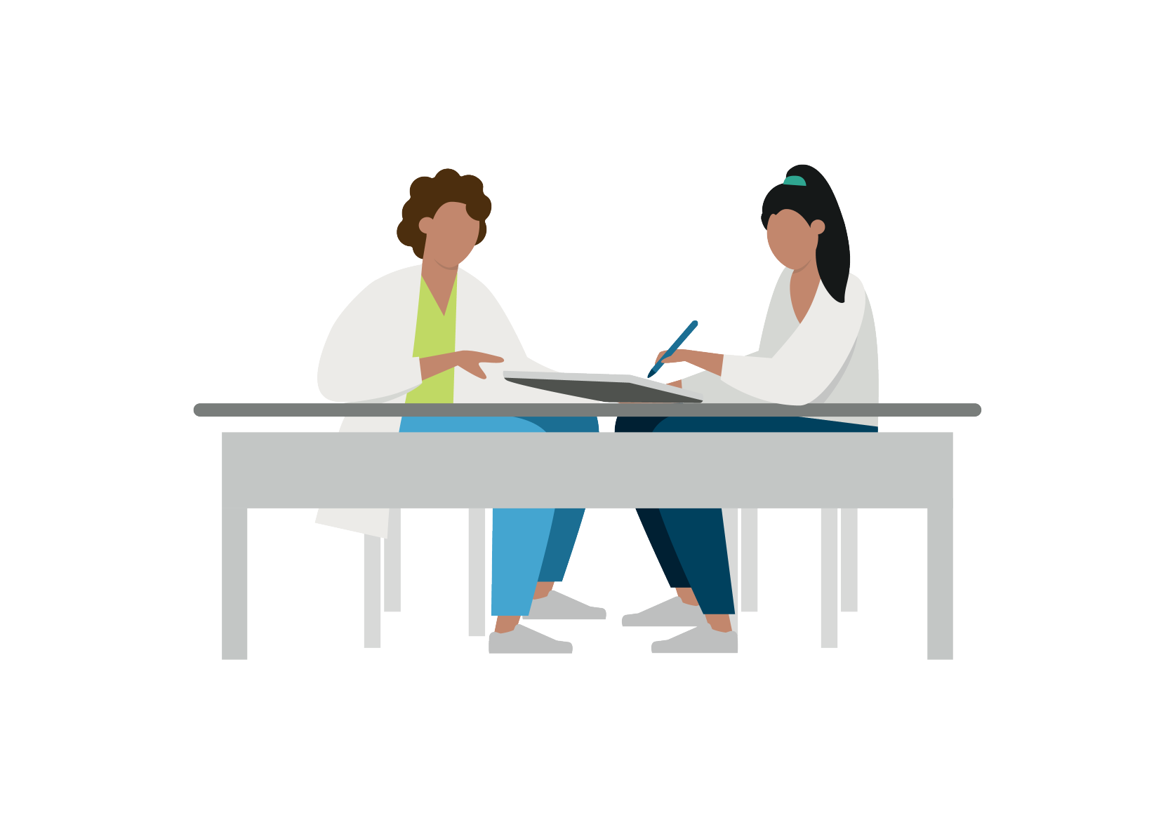 illustration of man in lab coat and woman with tablet sitting at a table