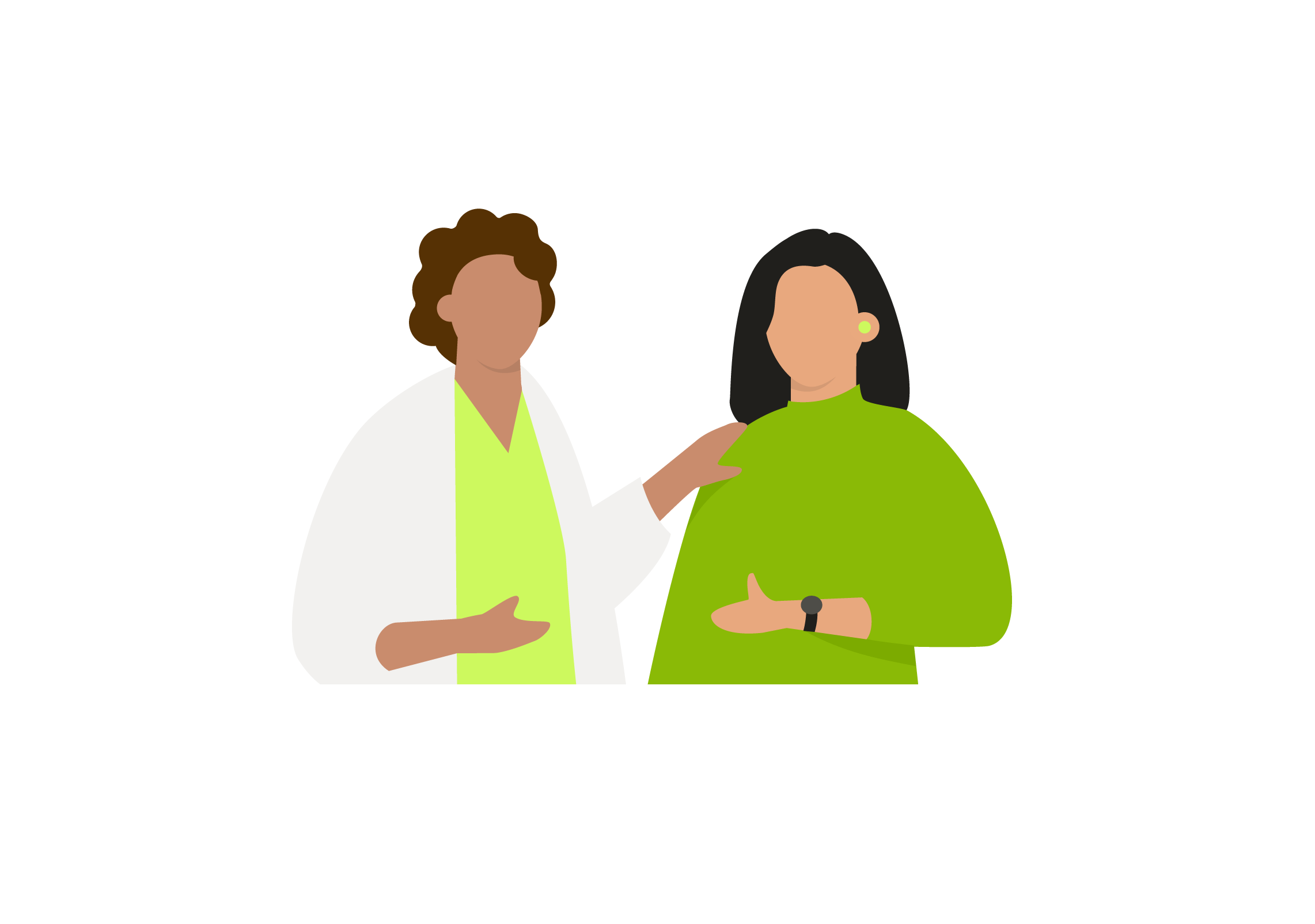 illustration of person in lab coat with arm on shoulder of woman standing side by side 
