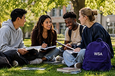 4 young adults sitting cross legged on grass with books and a WSA backpack