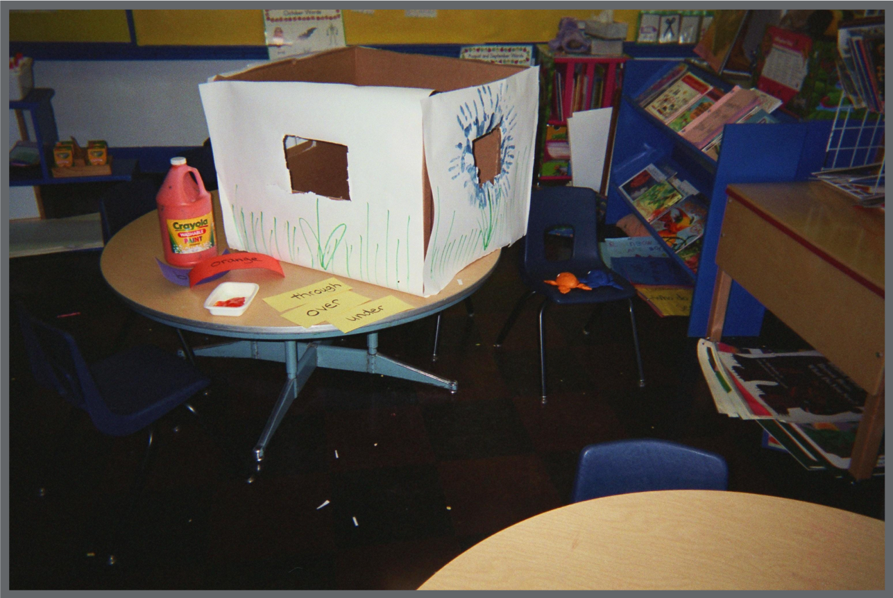 A recycled box decorated for a bean bag toss.