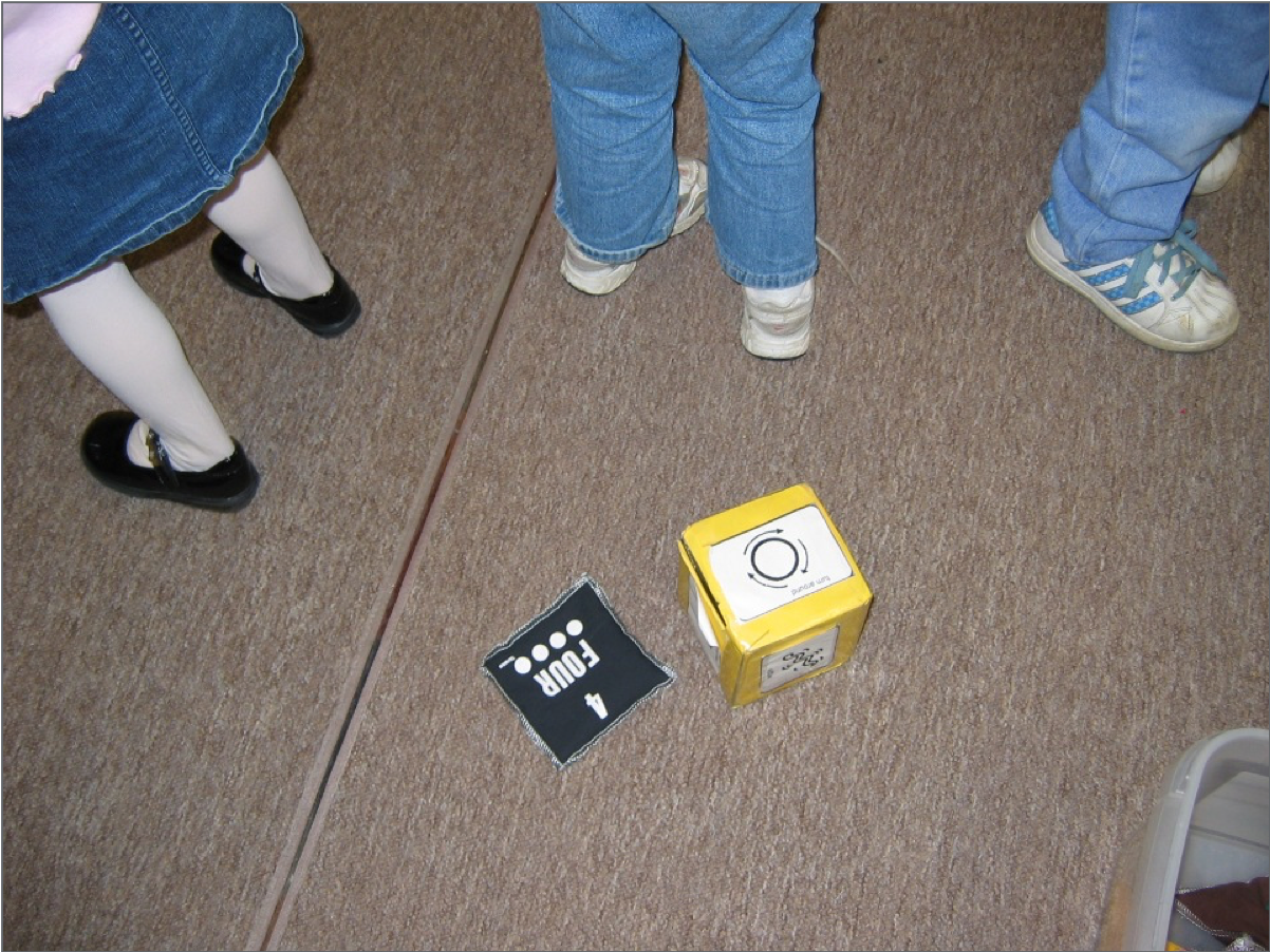 Homemade dice with numbers and actions.