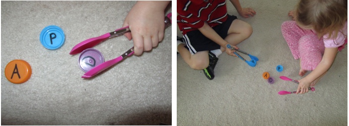 Using tongs to pick up caps.