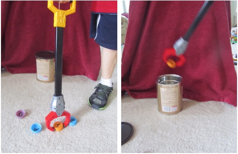 Using a tool to pick up bottle caps and place them in recycled containers.