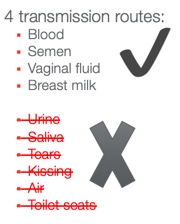 Bulleted list of valid and invalid transmission routes for HIV