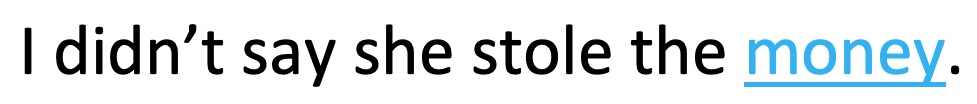 The sentence I didn't say she stole the money in black font with the word money underlined and in blue font