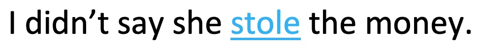 The sentence I didn't say she stole the money in black font with the word stole underlined and in blue font