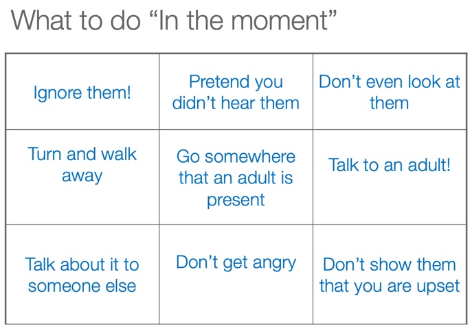 A three by three table with a Bullying response example in each cell