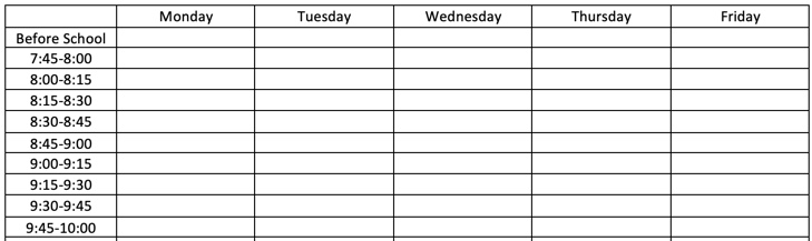 Blank weekly schedule template