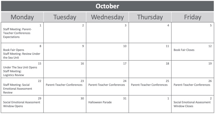Sample monthly calendar