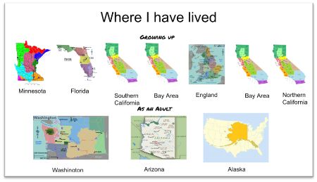 Map of where Hilary lived growing up and as an adult.