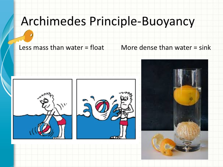 Buoyancy principles demonstrated with a ball pushed down and then popping up from underwater. A second image demonstrates buoyancy with a peeled organge sunk in a water glass and a unpeeled orange floating in the same water water glass.