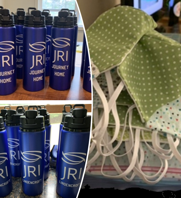 Water bottles and masks made for the staff