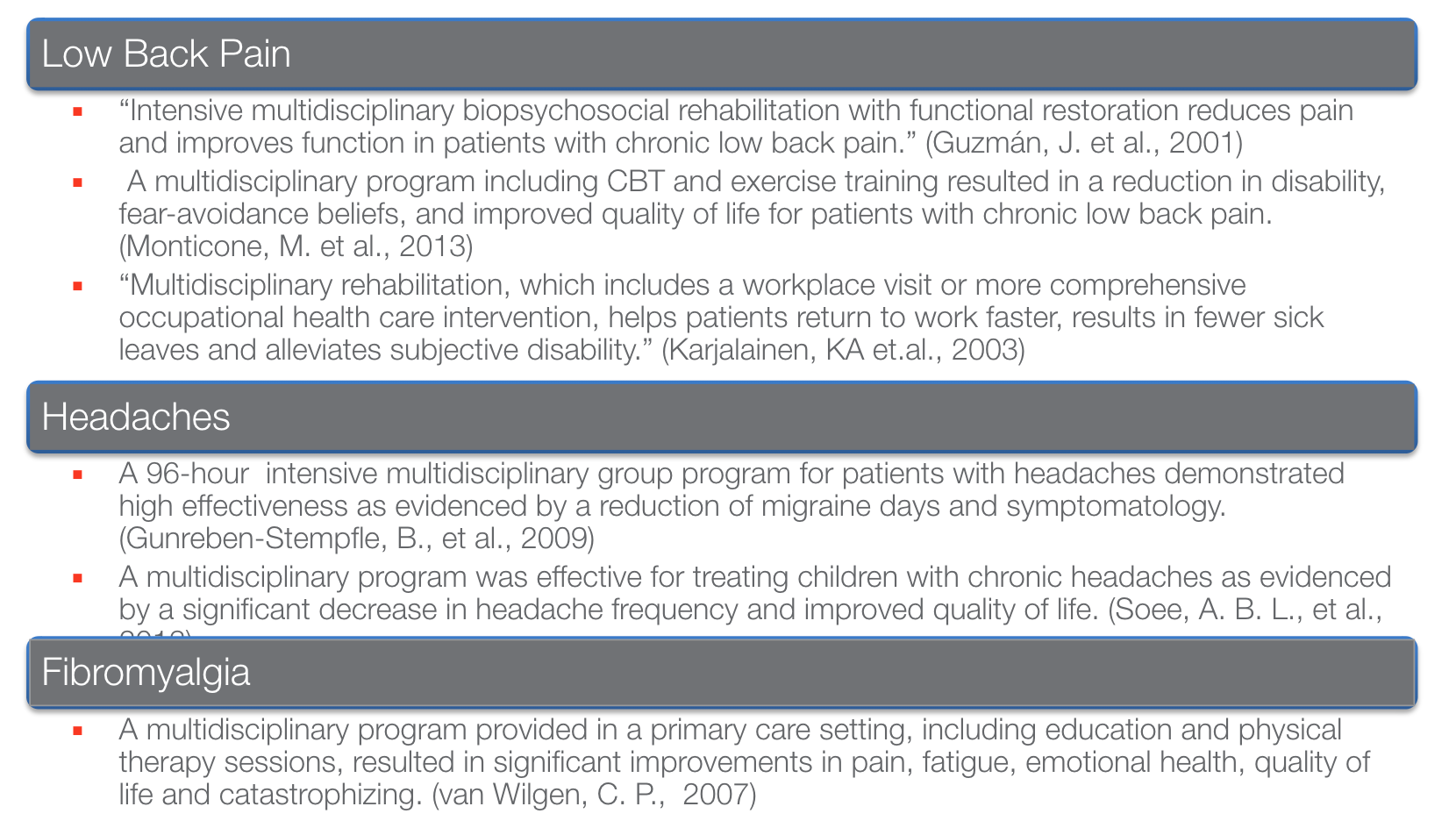 Evidence for a team approach for specific diagnoses.