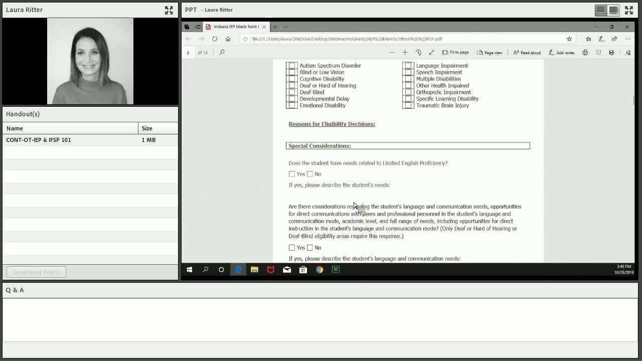 Screen shot of blank IEP on Indiana website