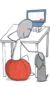 illustration of a figure working at a desk while petting their dog