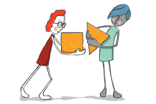 illustration of two human like figures that are holding yellow square and triangle objects