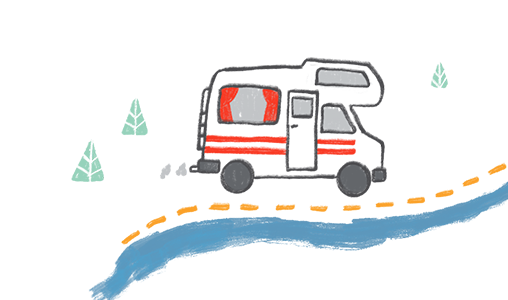 illustration of a recreational vehicle traveling along a road next to stream of water
