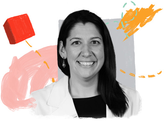 Headshot of audiology member Katie Harrington with illustration background