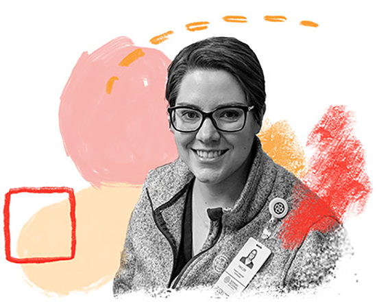 Headshot of speech-language pathology member Taylor Stewart with illustration background