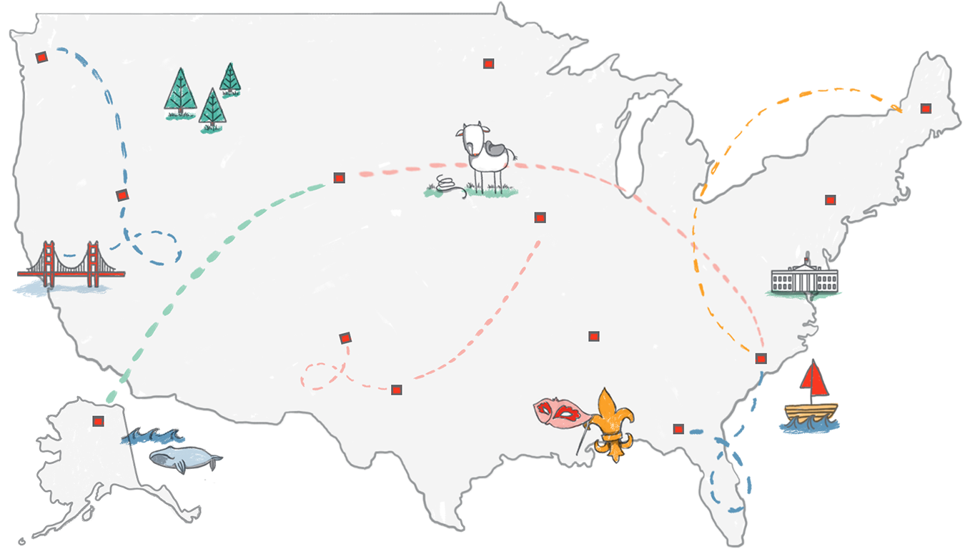 illustration of us map with red cube icons scattered throughout that are connected by dashed lines